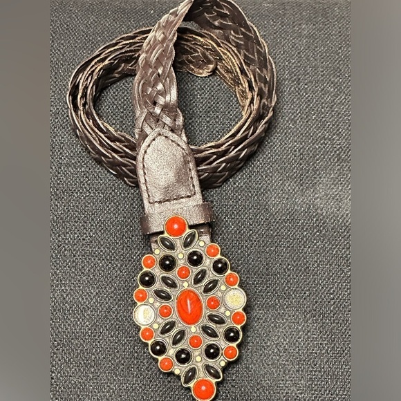 Women’s BELT Leather Braided M Brown Adjustable jeweled Buckle 5484 Y - Picture 5 of 11